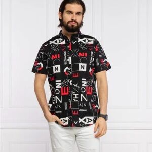 Armani Exchange Men's All Over Logo Print Short Sleeve Slim Fit Shirt